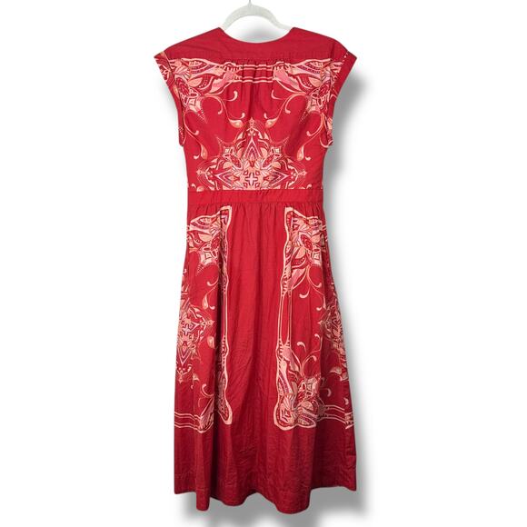Free People Linvilla Red Bandana Button Knot Tie Front Midi Cap Sleeve Dress - Picture 6 of 9